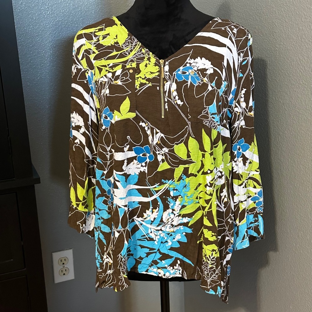 East 5th‎ Womens Brown Floral Print V Neck 3/4 Sleeve Tunic Top L Boho Roll Tab